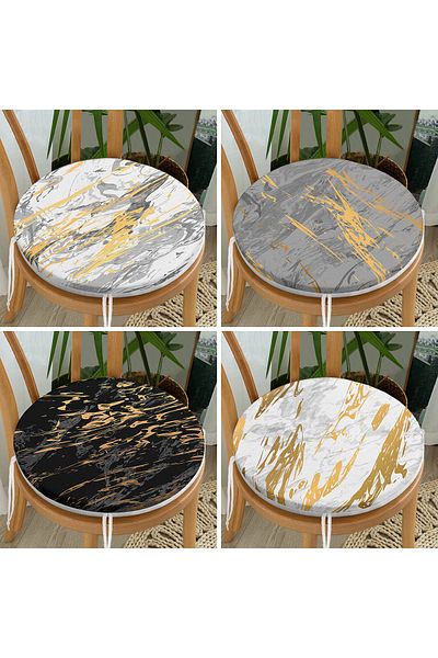 Realhomes 4-Piece Modern Round Zippered Chair Cushion Set with Gold Detailed Abstract Drawing on Colorful Floor