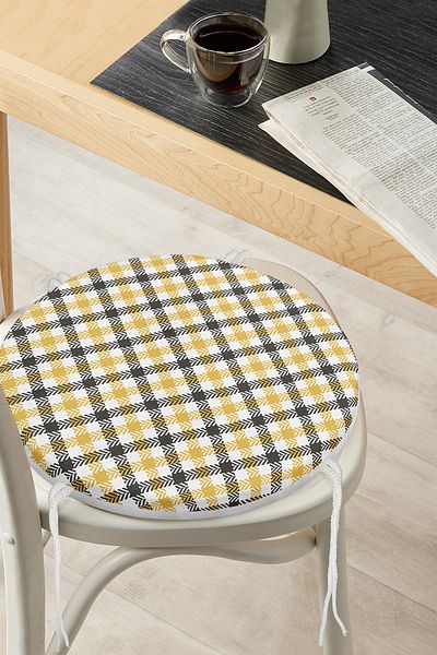 Realhomes Black and Yellow Plaid Pattern Digital Printed Round Zippered Chair Cushion on White Background