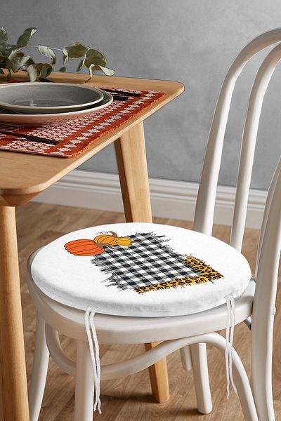 Realhomes Modern Round Zippered Chair Cushion with Plaid Pattern Pumpkin Motif on White Background
