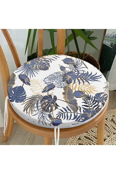 Realhomes Gold Detailed Leaf Patterned Digital Printed Modern Round Zippered Chair Cushion on White Background