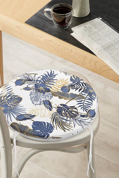Realhomes Gold Detailed Leaf Patterned Digital Printed Modern Round Zippered Chair Cushion on White Background