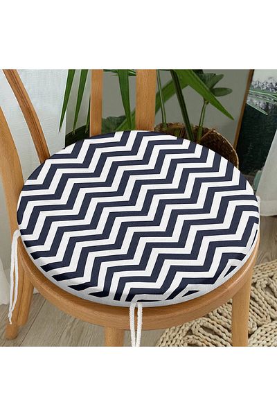 Realhomes Modern Round Zippered Chair Cushion with Dark Blue Colored Geometric Drawing on White Background