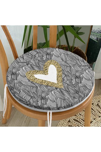 Realhomes Black Onedraw Drawing Gold Color Heart Patterned Digital Printed Round Zippered Chair Cushion