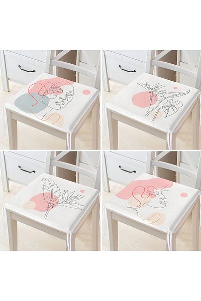 Realhomes 4-Piece Special Design Modern Zippered Chair Cushion Set with Botanical Portrait Drawing on White Background
