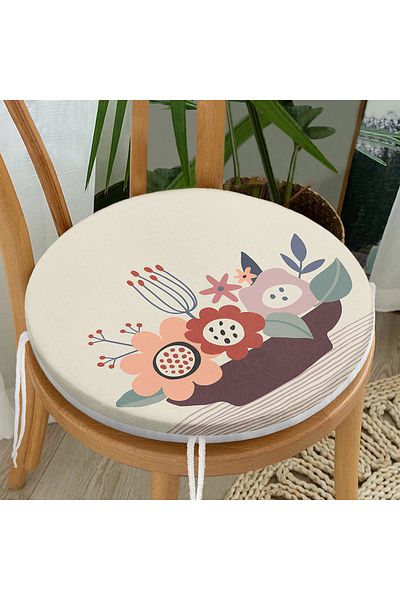 Realhomes Digital Printed Round Zippered Chair Cushion with Colorful Background and Onedraw Drawing Flower Pattern