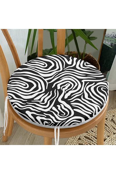 Realhomes White Geometric Patterned Digital Printed Round Zippered Chair Cushion on Black Background