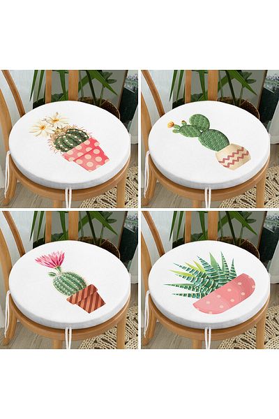 Realhomes Set of 4 Cute Potted Cactus Designed Digital Printed Round Zippered Chair Cushions