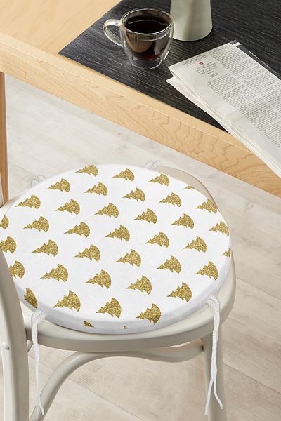 Realhomes Gold Colored Pine Tree Patterned Digital Printed Round Zippered Chair Cushion on White Background