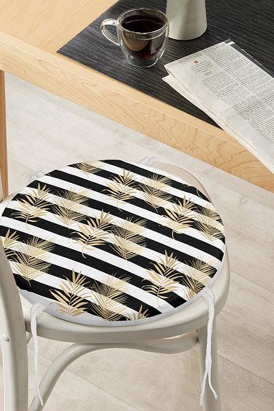 Realhomes Gold Detailed Leaf Patterned Digital Printed Modern Round Zippered Chair Cushion on White Background