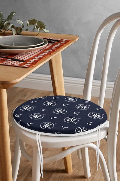 Realhomes Digital Printed Round Zippered Chair Cushion with Compass Pattern on Navy Blue Floor