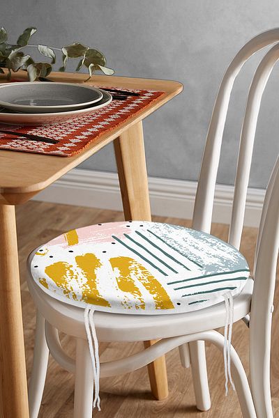 Realhomes White Floor Abstract Water Paint Drawing Special Design Digital Printed Round Zippered Chair Cushion