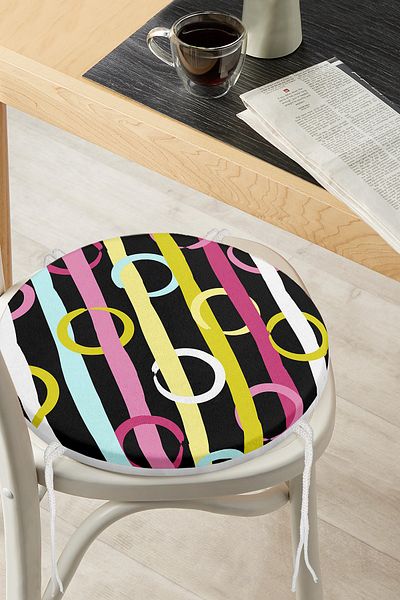 Realhomes Modern Striped Colorful Polka Dot Modern Round Zippered Chair Cushion on Black Background