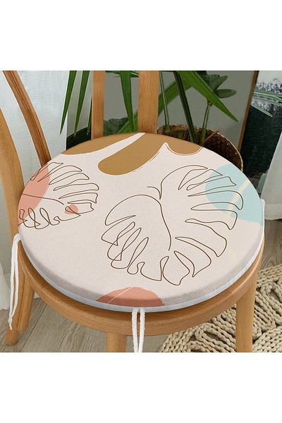 Realhomes Digital Printed Round Zippered Chair Cushion with Colorful Background and Onedraw Drawing Leaf Pattern