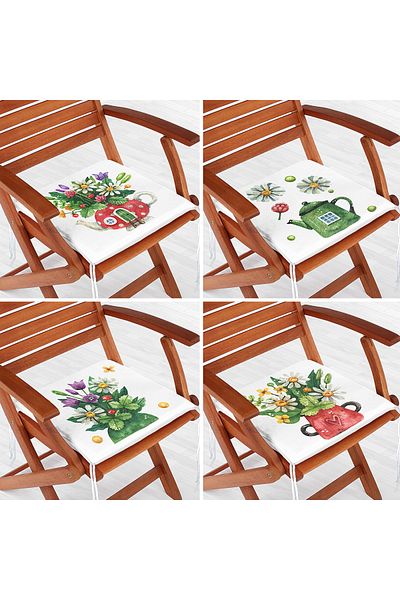 Realhomes Set of 4 Colorful Cute Flower Pots with Flower Design Digital Printed Zippered Chair Cushions