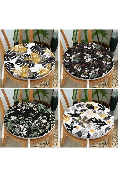 Realhomes 4-Piece Black Floor Gold Detailed Leaf Patterned Modern Round Zippered Chair Cushion Set