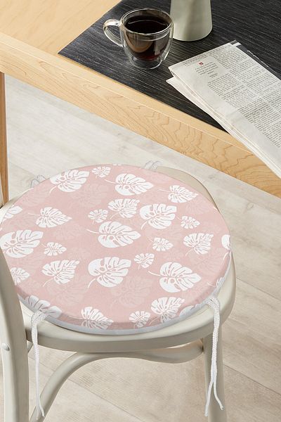 Realhomes Digital Printed Modern Round Zippered Chair Cushion with White Leaf Pattern on Pastel Floor