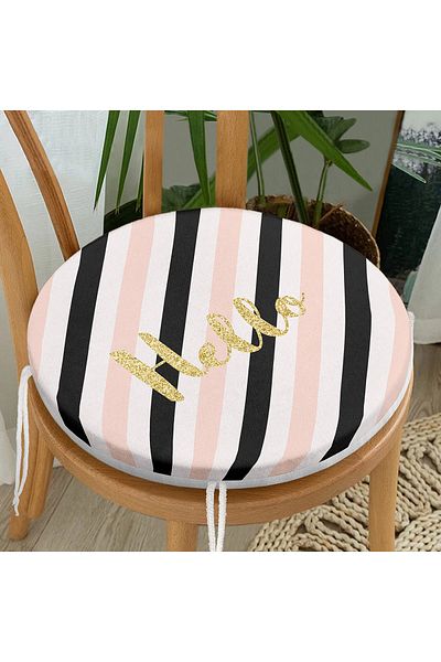 Realhomes Round Zippered Chair Cushion with Colorful Horizontal Stripes and Gold Detail on White Background
