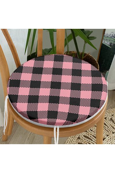 Realhomes Black Plaid Patterned Digital Printed Modern Round Zippered Chair Cushion on Colorful Pastel Floor