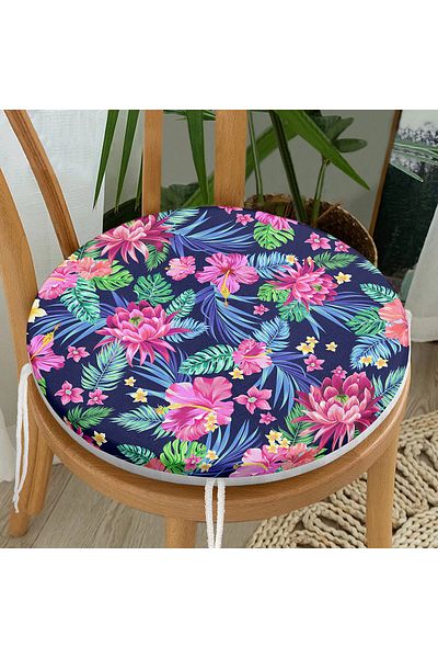 Realhomes Special Design Digital Printed Round Zippered Chair Cushion with Tropical Patterns on Black Background