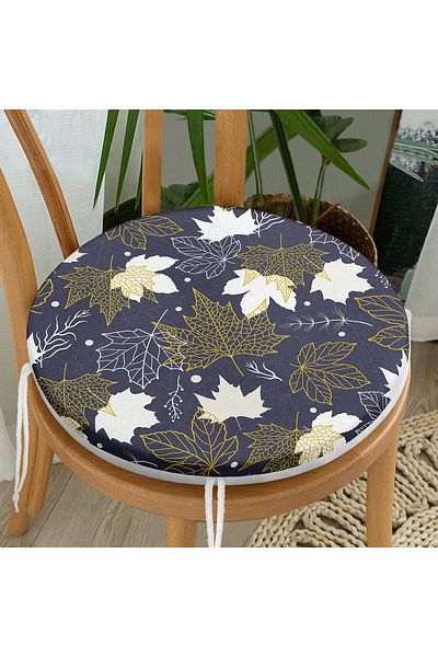 Realhomes Gold Detailed Leaf Patterned Digital Printed Round Zippered Chair Cushion on Colorful Floor