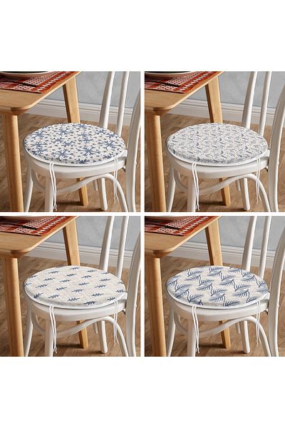 Realhomes Set of 4 Decorative Round Zippered Chair Cushions with Crystal and Pine Tree Motifs on Denim Floor