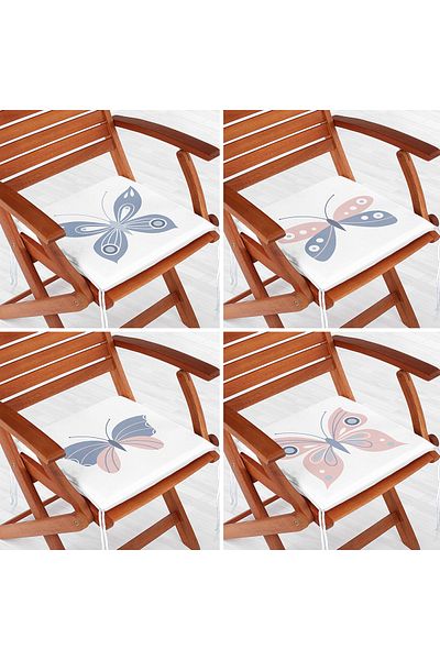 Realhomes Set of 4 White Floor Pink & Blue Butterfly Design Digital Printed Zippered Chair Cushions