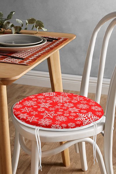 Realhomes Red Floor Snowflake Patterned Special Designed Digital Printed Round Zippered Chair Cushion