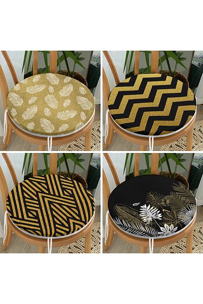 Realhomes Set of 4 Colorful Gold Detailed Geometric Patterned Round Zippered Chair Cushions on the Floor