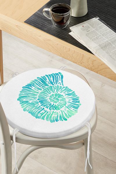 Realhomes Digital Printed Round Zippered Chair Cushion with Green Seashell Pattern on White Background