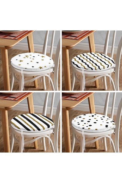 Realhomes Set of 4 Round Zippered Chair Cushions with Gold Detail on White Background