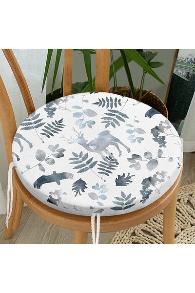 Realhomes Digital Printed Round Zippered Chair Cushion with Deer and Leaf Motifs on White Background