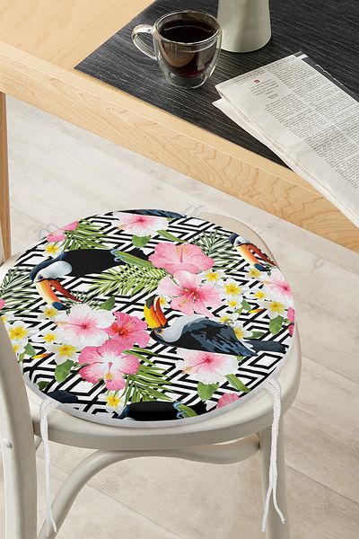 Realhomes Geometric Floor Round Zippered Chair Cushion with Tropical Toucan Bird and Plant Figures