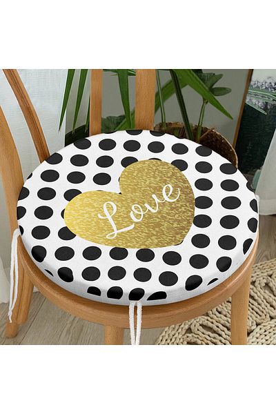 Realhomes White Background Polka Dot Gold Detailed Love Written Digital Printed Round Zippered Chair Cushion