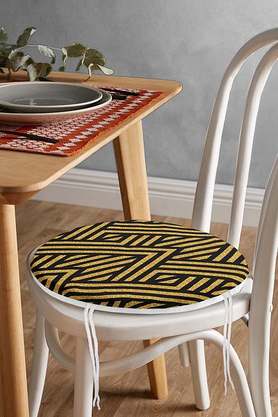 Realhomes Black Geometric Patterned Digital Printed Modern Round Zippered Chair Cushion on Gold Floor