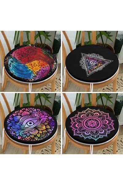 Realhomes 4-Piece Black Colorful Mandala Motif Digital Printed Round Zippered Chair Cushion on the Floor