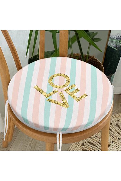 Realhomes Gold Detailed Love Written Digital Printed Round Zippered Chair Cushion on White Background