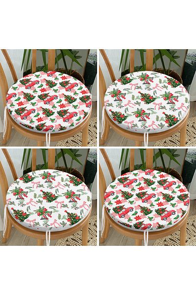 Realhomes 4-Piece Christmas Pine Tree Special Designed Digital Printed Round Zippered Chair Cushion Set