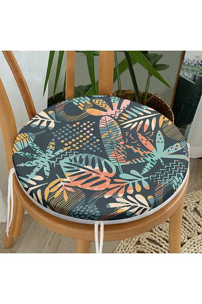 Realhomes Modern Round Zippered Chair Cushion with Onedraw Drawing Leaf Motif on Black Background