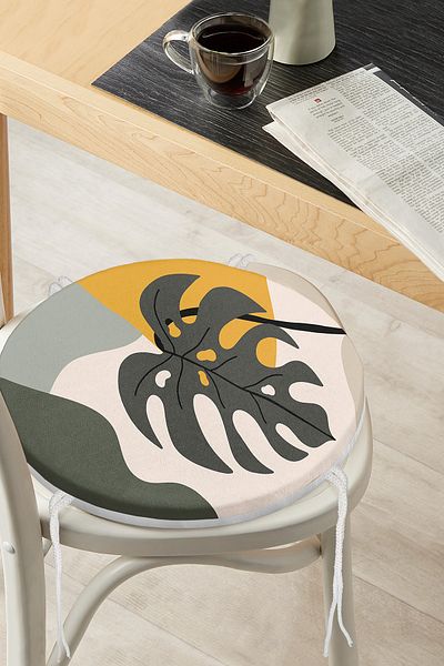 Realhomes Digital Printed Round Zippered Chair Cushion with Colorful Background and Onedraw Drawing Leaf Pattern