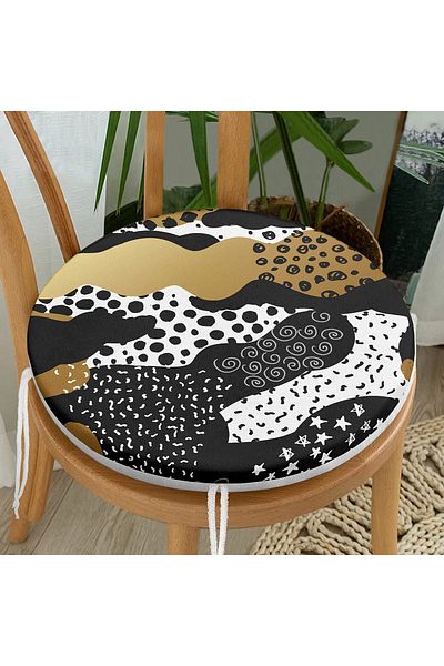 Realhomes Modern Patterned Digital Printed Round Zippered Chair Cushion with Gold Detail on Black Background