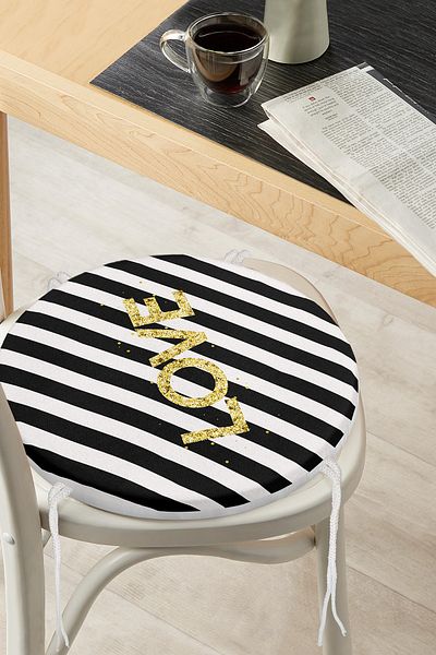 Realhomes Modern Round Zippered Chair Cushion with Black Horizontal Stripes and Gold Color Love Writing on White Background