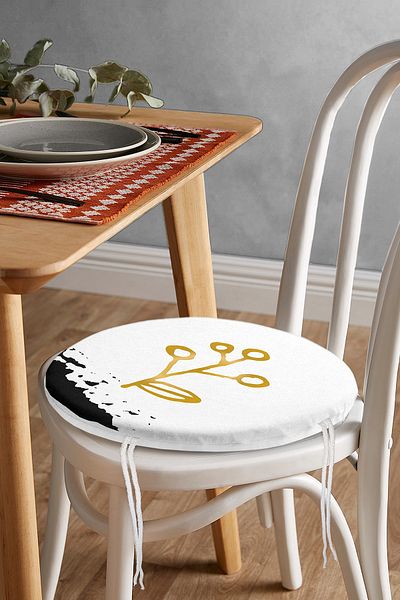 Realhomes Gold Colored Onedraw Drawing Flower Patterned Modern Round Zippered Chair Cushion on White Background