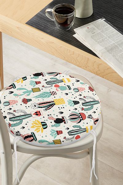 Realhomes Digital Printed Round Zippered Chair Cushion with Cute Cactus Pattern on Colorful Floor