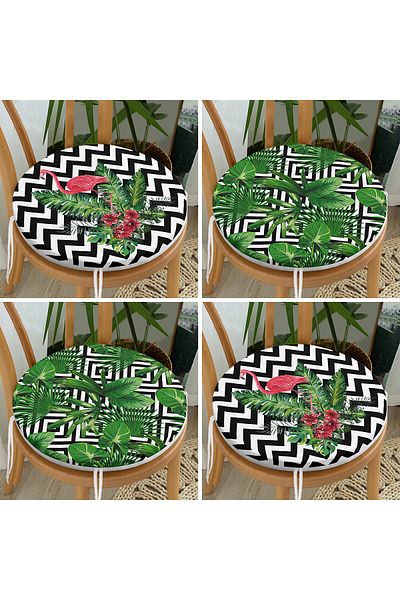 Realhomes 4-Piece Tropical Leaf and Flamingo Round Zippered Chair Cushion on Geometric Lines
