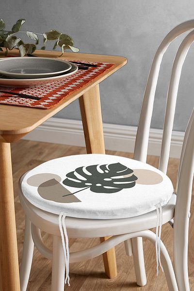 Realhomes Digital Printed Round Zippered Chair Cushion with Colorful Background and Onedraw Drawing Leaf Pattern