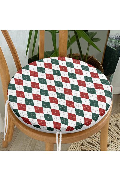Realhomes Digital Printed Round Zippered Chair Cushion with Burgundy and Green Plaid Pattern on White Background