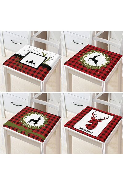 Realhomes Set of 4 Red Plaid Mery Christmas Special Designed Digital Printed Zippered Chair Cushions
