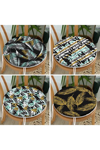 Realhomes 4-Piece Colorful Gold Detailed Leaf Patterned Modern Round Zippered Chair Cushion Set on the Floor