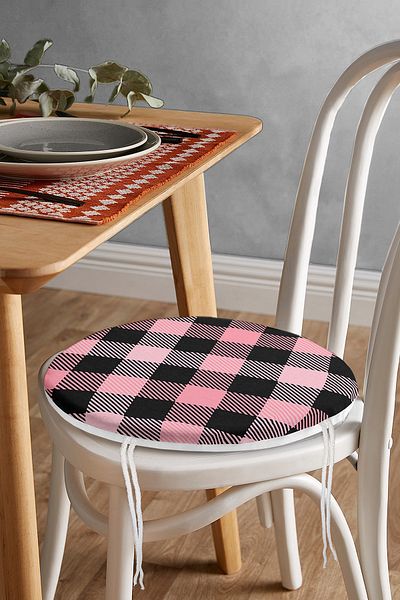 Realhomes Black Plaid Patterned Digital Printed Modern Round Zippered Chair Cushion on Colorful Pastel Floor