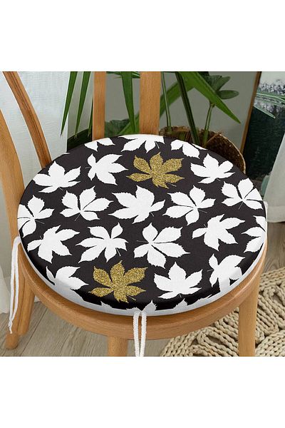 Realhomes Modern Round Zippered Chair Cushion with Gold Detail and White Flower Pattern on Black Background